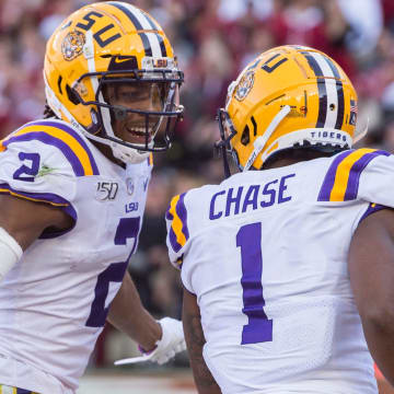 LSU wide receiver Justin Jefferson (2) and LSU wide receiver Ja'Marr Chase (1) celebrate Chase's touchdown catch at Bryant-Denny Stadium in Tuscaloosa, Ala., on Saturday, Nov. 9, 2019. LSU leads Alabama 33-13 at halftime.

Jc Bamalsu 40
