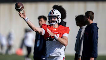 Auburn Tigers quarterback Jackson Arnold (11) throws the ball during football practice at Woltosz Football Performance Center in Auburn, Ala., on Thursday, April 10, 2025.