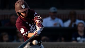 Mississippi State Bulldogs' Bryce Chance (38) swings at the ball as Auburn Tigers baseball takes on Mississippi State Bulldogs at Plainsman Park in Auburn, Ala., on Friday, April 25, 2025.
