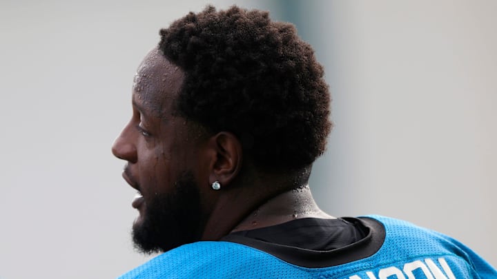 Jacksonville Jaguars offensive tackle Cam Robinson (74) talks during the third day of an NFL football training camp practice Friday, July 26, 2024 at EverBank Stadium’s Miller Electric Center in Jacksonville, Fla.