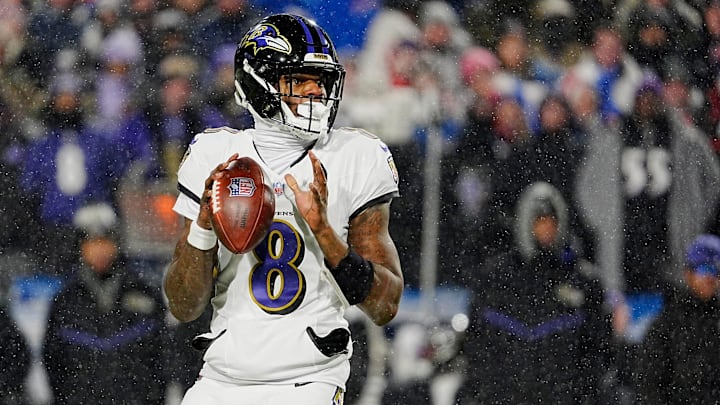 Baltimore Ravens quarterback Lamar Jackson gets ready to launch the ball during first half action at the Buffalo Bills divisional game against the Baltimore Ravens at Highmark Stadium in Orchard Park on Jan. 19, 2025. Baltimore Ravens quarterback Lamar Jackson gets ready to launch the ball during first half action at the Buffalo Bills divisional game against the Baltimore Ravens at Highmark Stadium in Orchard Park on Jan. 19, 2025.