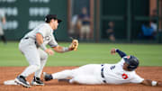 Auburn Tigers' Eric Guevara (8) slides safely into second base beating the tag from South Carolina Gamecocks' Henry Kaczmar (7) as the Auburn Tigers take on South Carolina Gamecocks at Plainsman Park in Auburn, Ala., on Thursday, May 8, 2025.