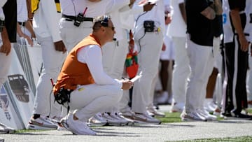 Aug 30, 2025; Columbus, Ohio, USA; Texas Longhorns head coach Steve Sarkisian watches his team against Ohio State Buckeyes during the first quarter at Ohio Stadium. Mandatory Credit: Kyle Robertson - Imagn Images