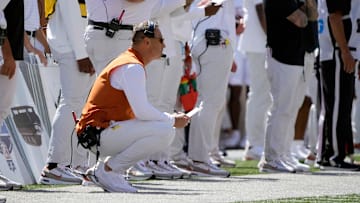Aug 30, 2025; Columbus, Ohio, USA; Texas Longhorns head coach Steve Sarkisian watches his team against Ohio State Buckeyes during the first quarter at Ohio Stadium. Mandatory Credit: Kyle Robertson - Imagn Images