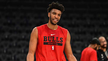 Nov 23, 2022; Milwaukee, Wisconsin, USA; Chicago Bulls center Tony Bradley (13) warms up before a game against Milwaukee Bucks at Fiserv Forum. Mandatory Credit: Benny Sieu-Imagn Images