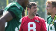 Florham Park, NJ -- July 27, 2024 -- Quarterback, Aaron Rodgers during New York Jets training camp.