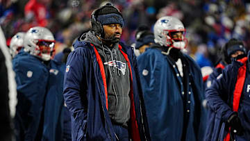 New England Patriots head coach Jerod Mayo watches his team trying to get a first down during second half action at Highmark Stadium where the Buffalo Bills hosted the New England Patriots in Orchard Park on Dec. 22, 2024.