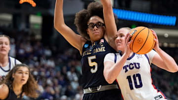 TCU Horned Frogs guard Hailey Van Lith (10) drives the ball on Notre Dame Fighting Irish guard Olivia Miles (5) as TCU Horned Frogs face off with Notre Dame Fighting Irish during the Sweet 16 at Legacy Arena in Birmingham, Ala., on Saturday, March 29, 2025.