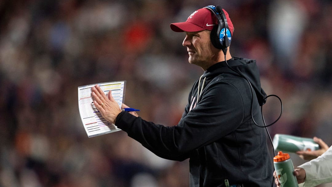 Alabama Crimson Tide head coach Kalen DeBoer encourages his team as Auburn Tigers take on Alabama Crimson Tide in the Iron Bowl at Jordan-Hare Stadium in Auburn, Ala. on Saturday, Nov. 29, 2025. Alabama Crimson Tide leads Auburn Tigers 17-6.