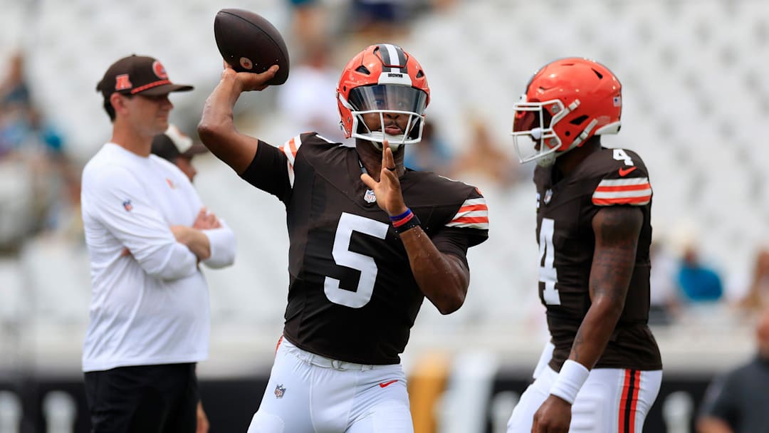Cleveland Browns quarterback Jameis Winston (5) throws before an NFL football matchup Sunday, Sept. 15, 2024 at EverBank Stadium in Jacksonville, Fla. [Corey Perrine/Florida Times-Union]