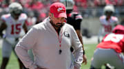 Ohio State Buckeye head coach Ryan Day looks away from the field of play after a dropped pass in the 2nd half during the spring game at Ohio Stadium on April 12, 2025.