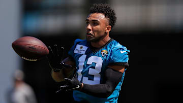 Jacksonville Jaguars wide receiver Christian Kirk (13) catches a pass during an organized team activity Tuesday, May 28, 2024 at EverBank Stadium’s Miller Electric Center in Jacksonville, Fla.