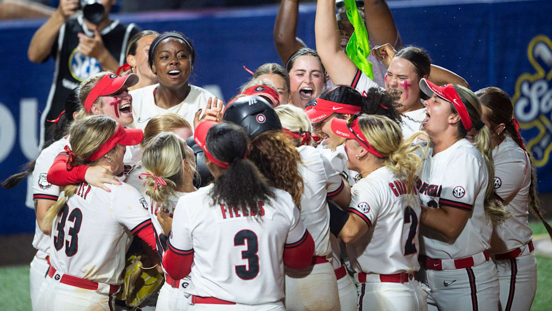 Georgia Bulldogs center Sarah Gordon (7) celebrates her walk off home run during the SEC softball tournament at Jane B. Moore Field in Auburn, Ala., on Wednesday, May 8, 2024. Georgia Bulldogs defeated Auburn Tigers 6-5 in 14 innings.