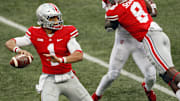 Ohio State Buckeyes running back Trey Sermon (8) blocks for quarterback Justin Fields (1) on a pass against Indiana Hoosiers during the third quarter in their NCAA Division I football game on Saturday, Nov. 21, 2020 at Ohio Stadium in Columbus, Ohio.

Osu20ind Kwr27