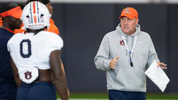 Auburn Tigers head coach Hugh Freeze talks with his team during practice at Woltosz Football Performance Center in Auburn, Ala. on Tuesday, Aug. 26, 2025.