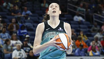 Sep 11, 2025; Chicago, Illinois, USA; New York Liberty forward Breanna Stewart (30) goes to the basket against the Chicago Sky during the first half at Wintrust Arena. Mandatory Credit: Kamil Krzaczynski-Imagn Images