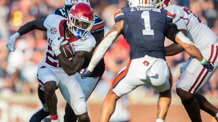 Arkansas Razorbacks running back Rodney Hill (20) runs the ball as Auburn Tigers take on Arkansas Razorbacks at Jordan-Hare Stadium in Auburn, Ala., on Saturday, Sept. 21, 2024. Arkansas Razorbacks defeated Auburn Tigers 24-14.