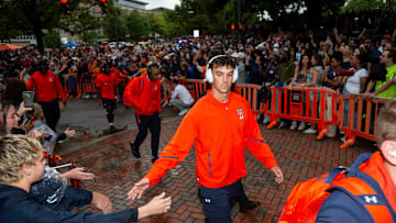 Auburn Tigers quarterback Payton Thorne (1) greets fans during Tiger Walk before Auburn Tigers take on New Mexico Lobos at Jordan-Hare Stadium in Auburn, Ala., on Saturday, Sept. 14, 2024.