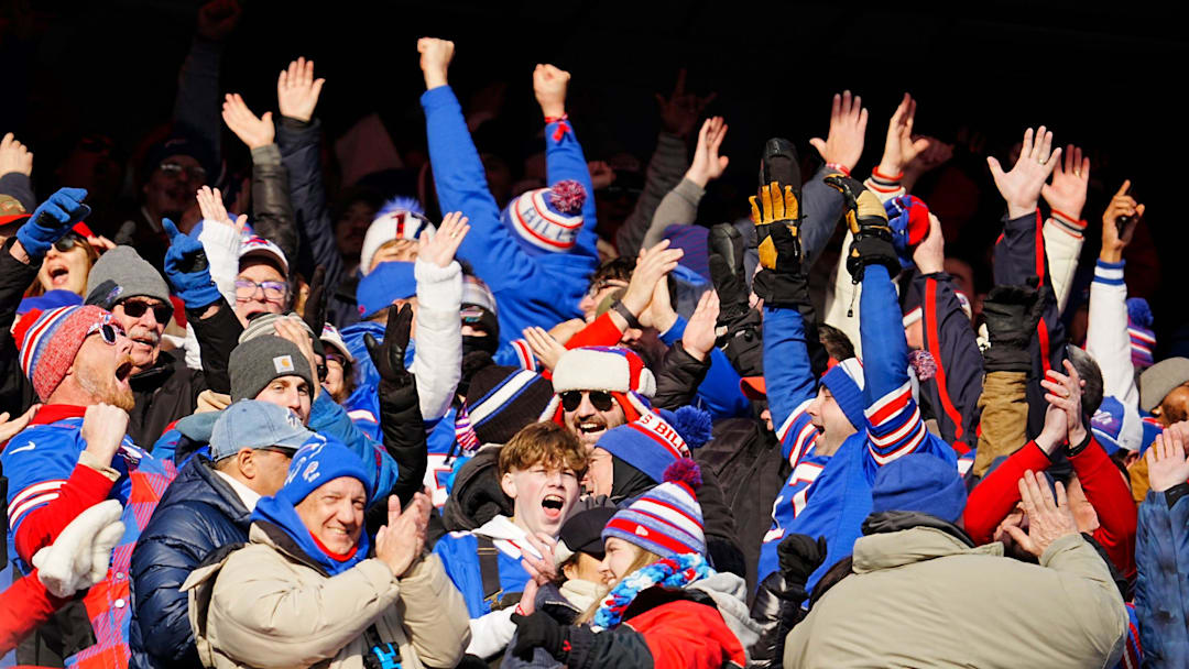 Fans celebrate officials ruling Ty Johnson’s catch a touchdown during the second half of the Buffalo Bills wild card game against the Denver Broncos at Highmark Stadium in Orchard Park on Jan. 12, 2025.
