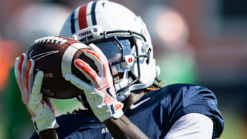 Auburn Tigers wide receiver Eric Singleton Jr. (1) catches a pass during practice at Woltosz Football Performance Center in Auburn, Ala. on Tuesday, Sept. 2, 2025.