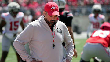 Ohio State Buckeye head coach Ryan Day looks away from the field of play after a dropped pass in the 2nd half during the spring game at Ohio Stadium on April 12, 2025.