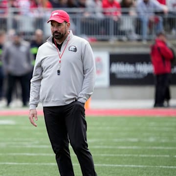 Ohio State Buckeye head coach Ryan Day watches his team in the 2nd half during the spring game at Ohio Stadium on April 12, 2025.