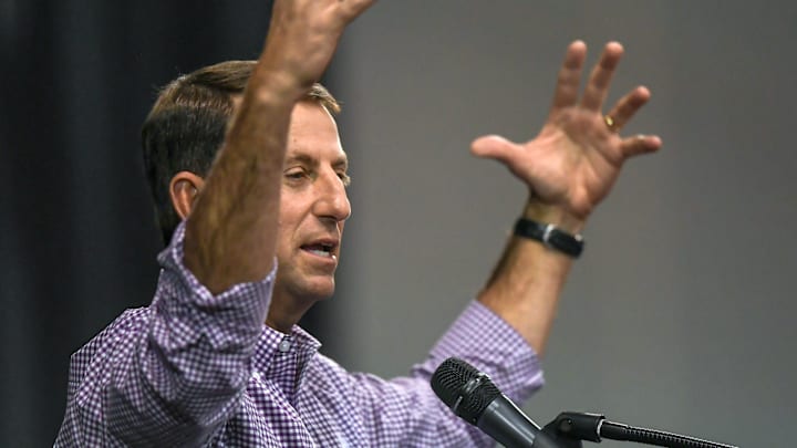 Clemson head coach Dabo Swinney speaks during the Clemson Club football National Signing Day wrap up presented by Clemson Seneca Chick-Fil-A at the Poe Indoor Practice Facility at Clemson University in Clemson, S.C. Feb 5, 2025.