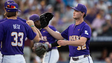 LSU Tigers' Kade Anderson (32) celebrates the end of an inning as LSU Tigers take on Texas A&M Aggies during the SEC baseball tournament at Hoover Met in Birmingham, Ala., on Friday, May 23, 2025.