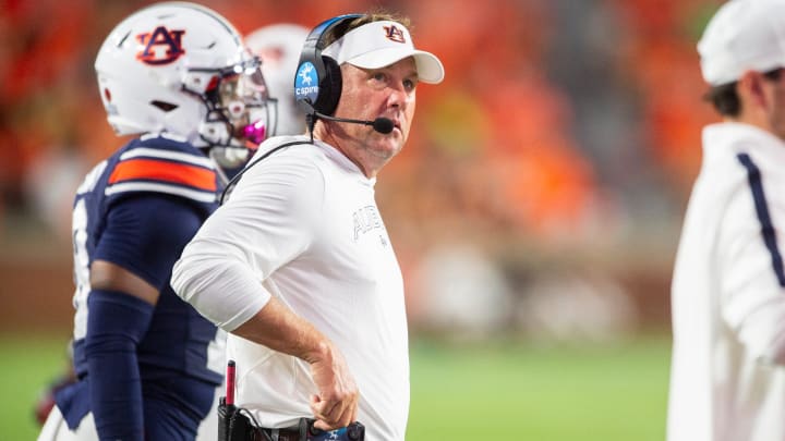 Auburn Tigers head coach Hugh Freeze looks on from the sideline as Auburn Tigers takes on Alabama A&M Bulldogs at Jordan-Hare Stadium in Auburn, Ala., on Saturday, Aug. 31, 2024. Auburn Tigers defeated Alabama A&M Bulldogs 73-3.