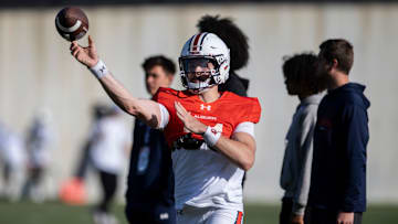 Auburn Tigers quarterback Jackson Arnold (11) throws the ball during football practice at Woltosz Football Performance Center in Auburn, Ala., on Thursday, April 10, 2025.