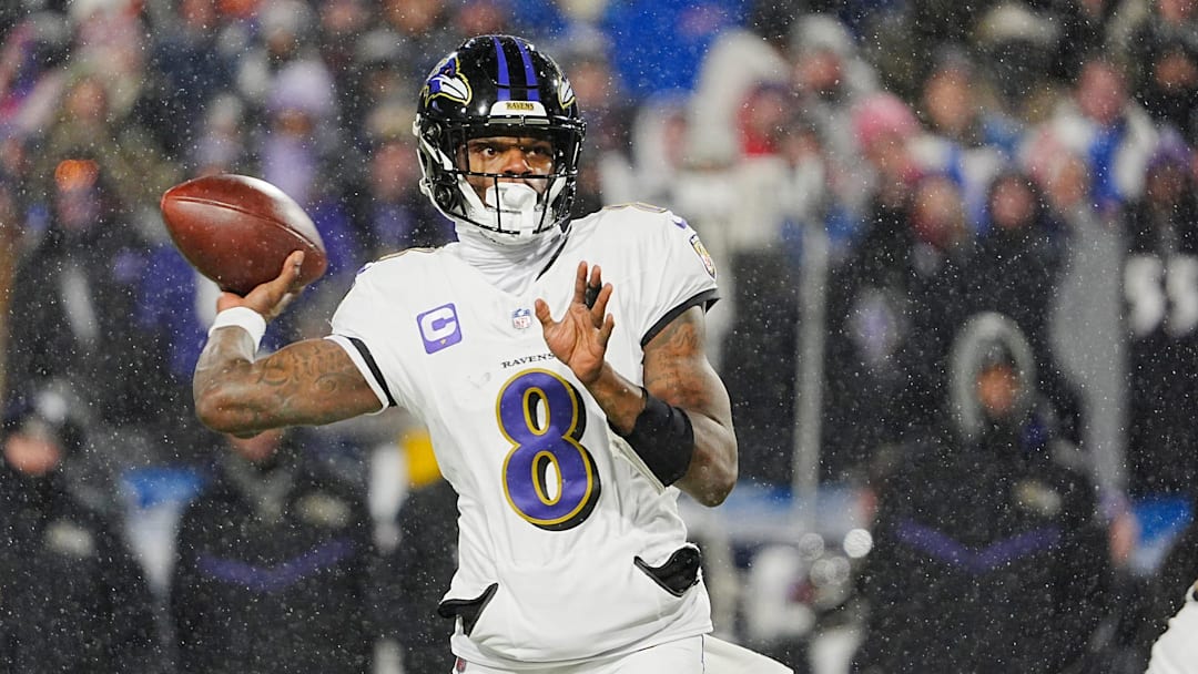 Baltimore Ravens quarterback Lamar Jackson gets off a pass during first half action during the Buffalo Bills divisional game against the Baltimore Ravens at Highmark Stadium in Orchard Park on Jan. 19, 2025.