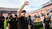 Vanderbilt Commodores head coach Clark Lea celebrates with fans after the game as Auburn Tigers take on Vanderbilt Commodores at Jordan-Hare Stadium in Auburn, Ala., on Saturday, Nov. 2, 2024. Vanderbilt Commodores defeated Auburn Tigers 17-7.