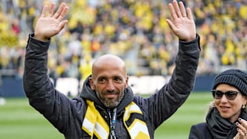 Former Columbus Crew legend Federico Higuain is honored by the team during a ceremonial before the Nashville SC game at Lower.com Field in Columbus, Ohio on April 2, 2022.

Ceb Crew 0402 Kwr 08