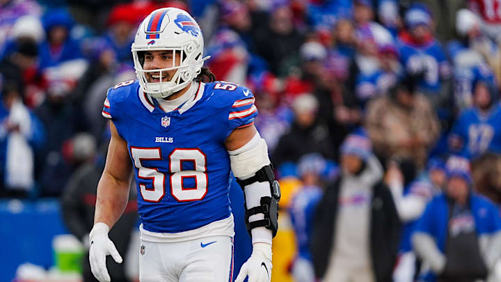 Buffalo Bills linebacker Matt Milano (58) smiles after making a tackle during the second half of the Buffalo Bills wild card game against the Denver Broncos at Highmark Stadium in Orchard Park on Jan. 12, 2025.