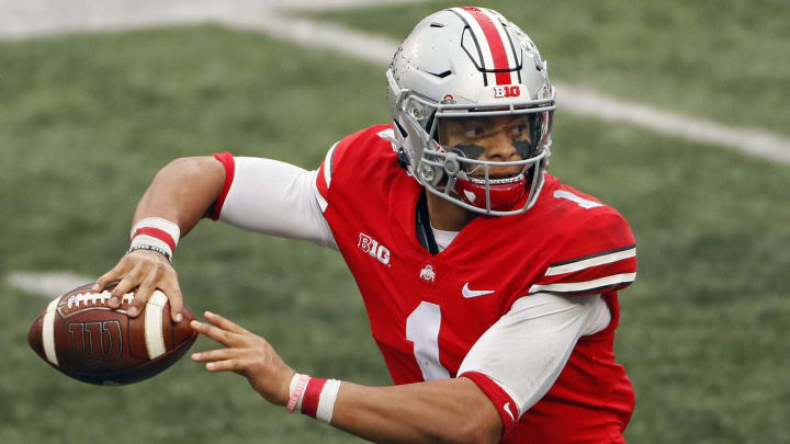 Ohio State Buckeyes quarterback Justin Fields (1) gets ready to throw the ball against Indiana Hoosiers during the third quarter in their NCAA Division I football game on Saturday, Nov. 21, 2020 at Ohio Stadium in Columbus, Ohio.

Osu20ind Kwr32 1