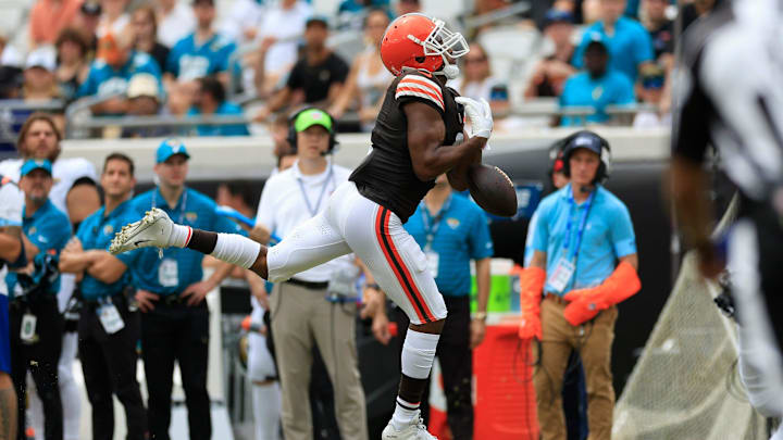 Cleveland Browns wide receiver Amari Cooper (2) can’t haul in a reception during the second quarter of an NFL football matchup Sunday, Sept. 15, 2024 at EverBank Stadium in Jacksonville, Fla. [Corey Perrine/Florida Times-Union]