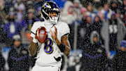 Baltimore Ravens quarterback Lamar Jackson gets ready to launch the ball during first half action at the Buffalo Bills.