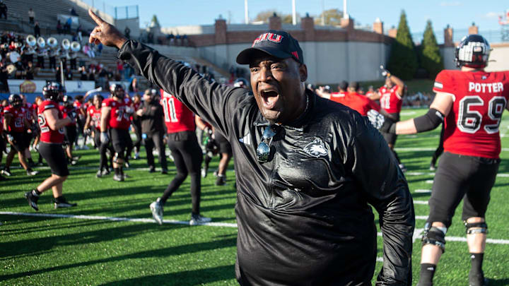 Northern Illinois Huskies head coach Thomas Hammock tells his players to exit the field after the game as Arkansas State Red Wolves take on the Northern Illinois Huskies during the Camellia Bowl at Cramton Bowl in Montgomery, Ala., on Saturday, Dec. 23, 2023. Northern Illinois Huskies defeated Arkansas State Red Wolves 21-19.