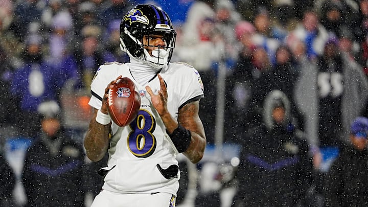Baltimore Ravens quarterback Lamar Jackson gets ready to launch the ball during first half action at the Buffalo Bills. Baltimore Ravens quarterback Lamar Jackson gets ready to launch the ball during first half action at the Buffalo Bills.