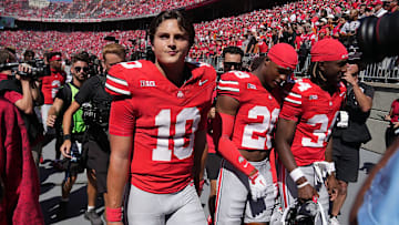 Ohio State Buckeyes quarterback Julian Sayin (10) walks off the field after beating Texas Longhorns 14-7 in his first career start at Ohio Stadium in Columbus, Ohio on Aug 30, 2025.