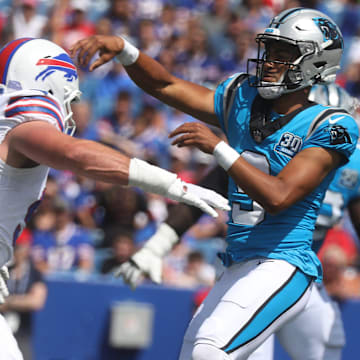 Bills Casey Toohill pressures Panthers quarterback Bryce Young to throw his pass during the first half of the preseason game against Carolina Panthers at Highmark Stadium in Orchard Park on Aug. 24, 2024.