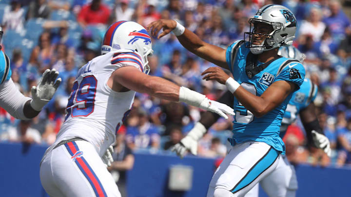 Bills Casey Toohill pressures Panthers quarterback Bryce Young to throw his pass during the first half of the preseason game against Carolina Panthers at Highmark Stadium in Orchard Park on Aug. 24, 2024.