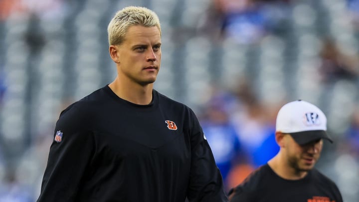 Aug 22, 2024; Cincinnati, Ohio, USA; Cincinnati Bengals quarterback Joe Burrow (9) walks off the field during warmups before the game against the Indianapolis Colts at Paycor Stadium. Mandatory Credit: Katie Stratman-USA TODAY Sports