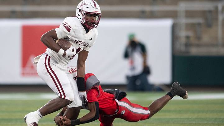 Maplesville's Nehemiah McCary (4) runs the ball during the AHSAA Class 1A state championship game at Protective Stadium in Birmingham, Ala. on Thursday, Dec. 4, 2025. Maplesville leads Wadley 21-14 at halftime.