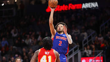 Dec 18, 2023; Atlanta, Georgia, USA; Detroit Pistons guard Cade Cunningham (2) shoots over Atlanta