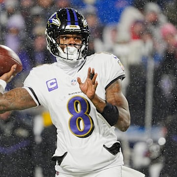 Baltimore Ravens quarterback Lamar Jackson gets off a pass during first half action during the Buffalo Bills.