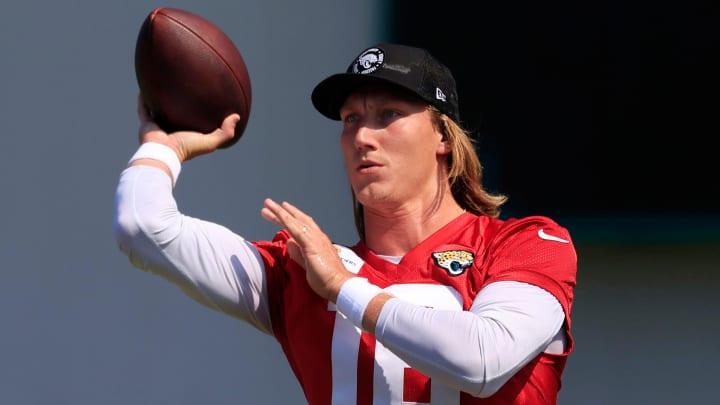 Jacksonville Jaguars quarterback Trevor Lawrence (16) throws the ball during an organized team activity Tuesday, May 28, 2024 at EverBank Stadium’s Miller Electric Center in Jacksonville, Fla.