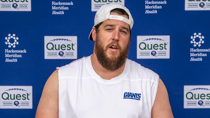 Greg Van Roten, a guard with the NY Giants, speaks to the press after a practice at Quest Diagnostics Training Center, East Rutherford, NJ, May 28, 2025.