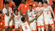 Feb 8, 2025; Clemson, South Carolina, USA; Clemson Tigers guard Dillon Hunter (2) reacts with teammates after making a three point shot against Duke Blue Devils during the second half at Littlejohn Coliseum. 