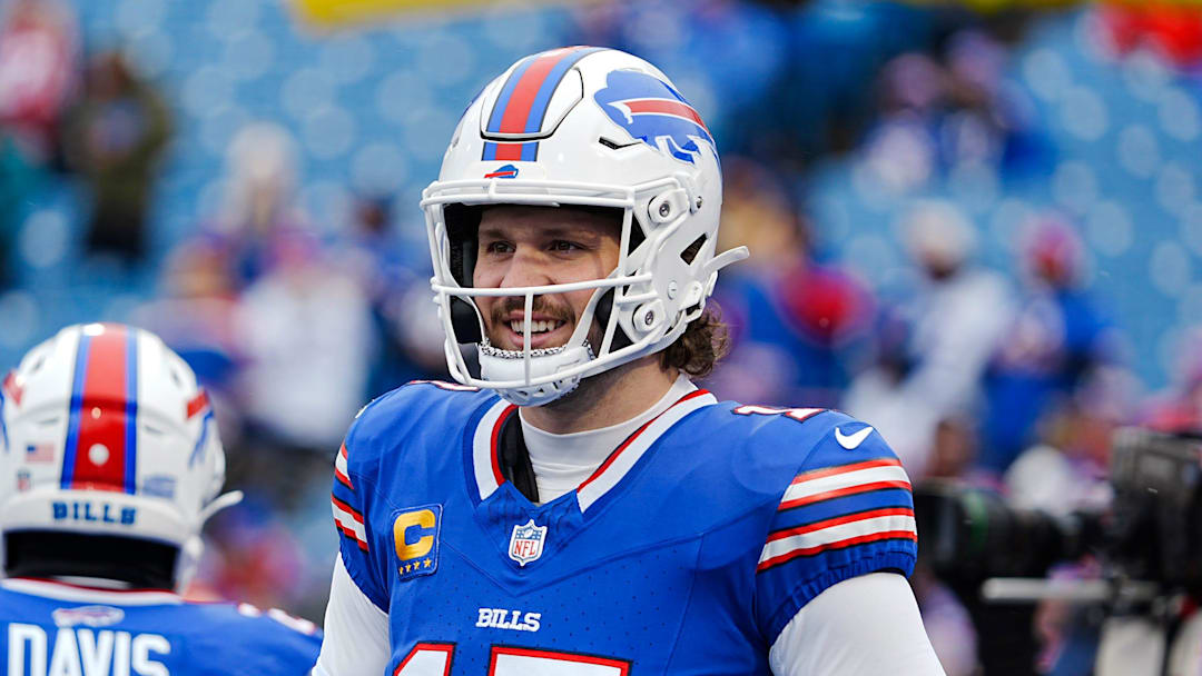 Buffalo Bills quarterback Josh Allen (17) before the Buffalo Bills wild card game against the Denver Broncos at Highmark Stadium in Orchard Park on Jan. 12, 2025.